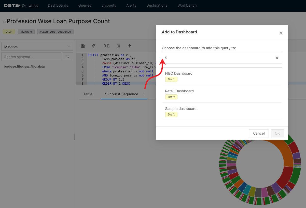 Selecting a dashboard for adding visualization