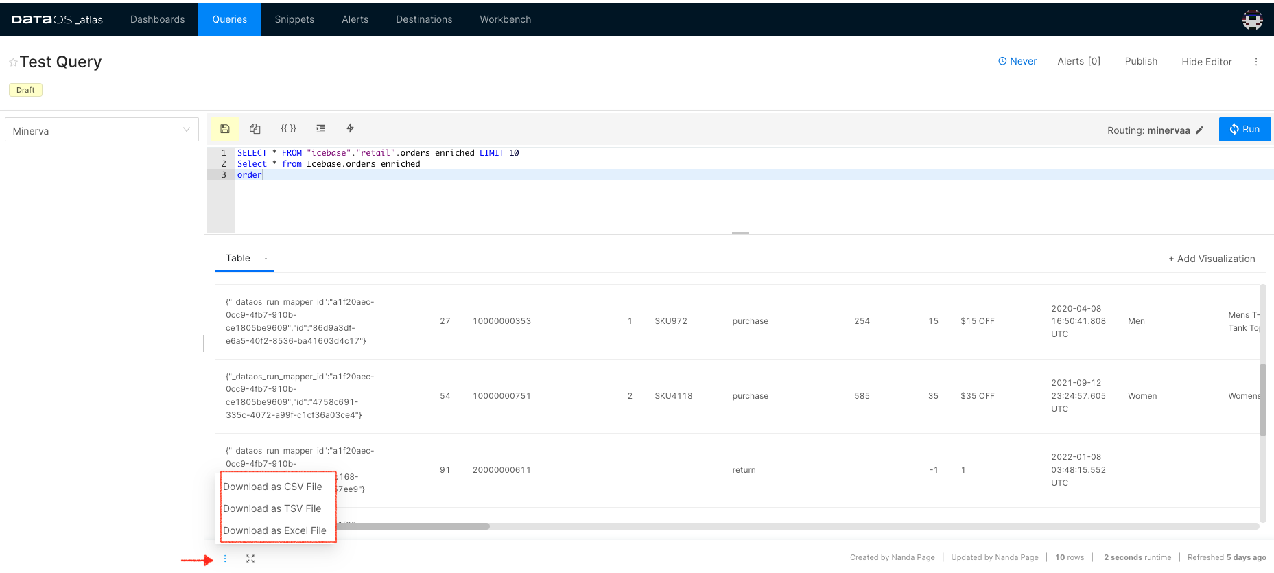 Download option for query output