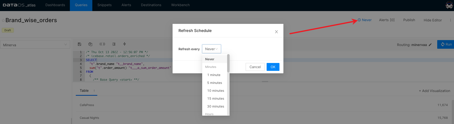 Refresh the schedule for query