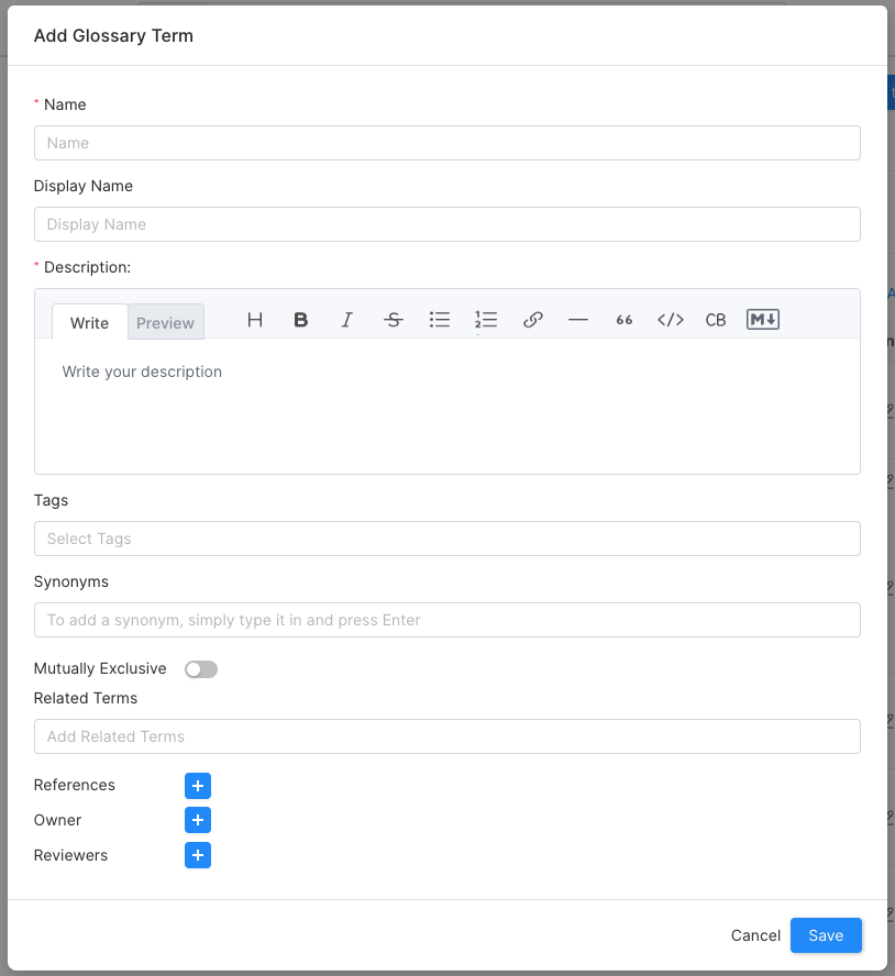 Adding references and synonyms for the glossary term