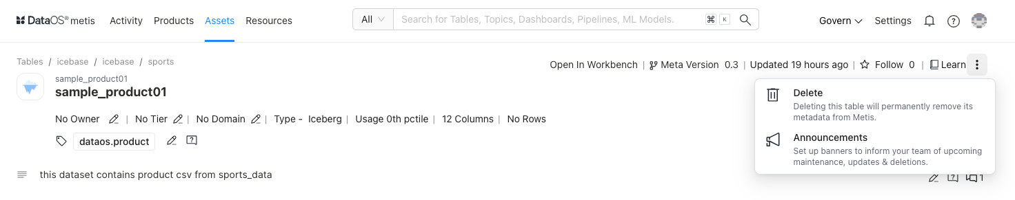 Creating announcements to inform team members about data asset updates