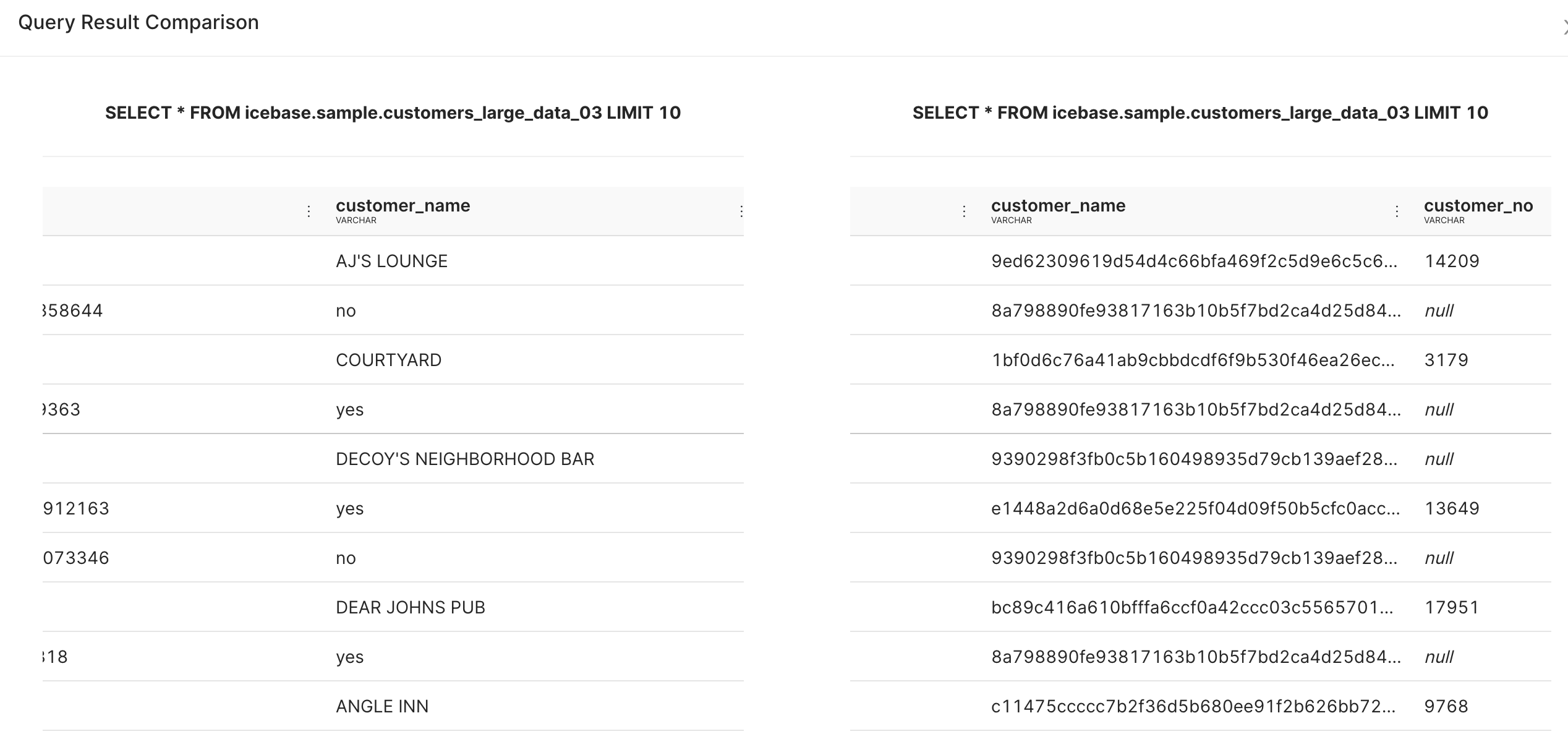 Query compare result